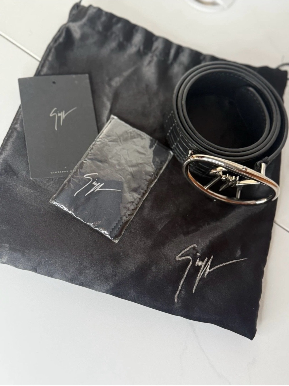 Giuseppe Zanotti Black Leather Belt with Silver Signature Buckle